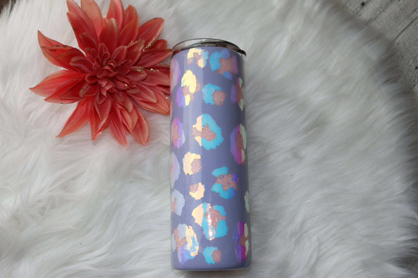 24 oz peek-a-boo pink and lavender "Leopard" stainless steel tumbler